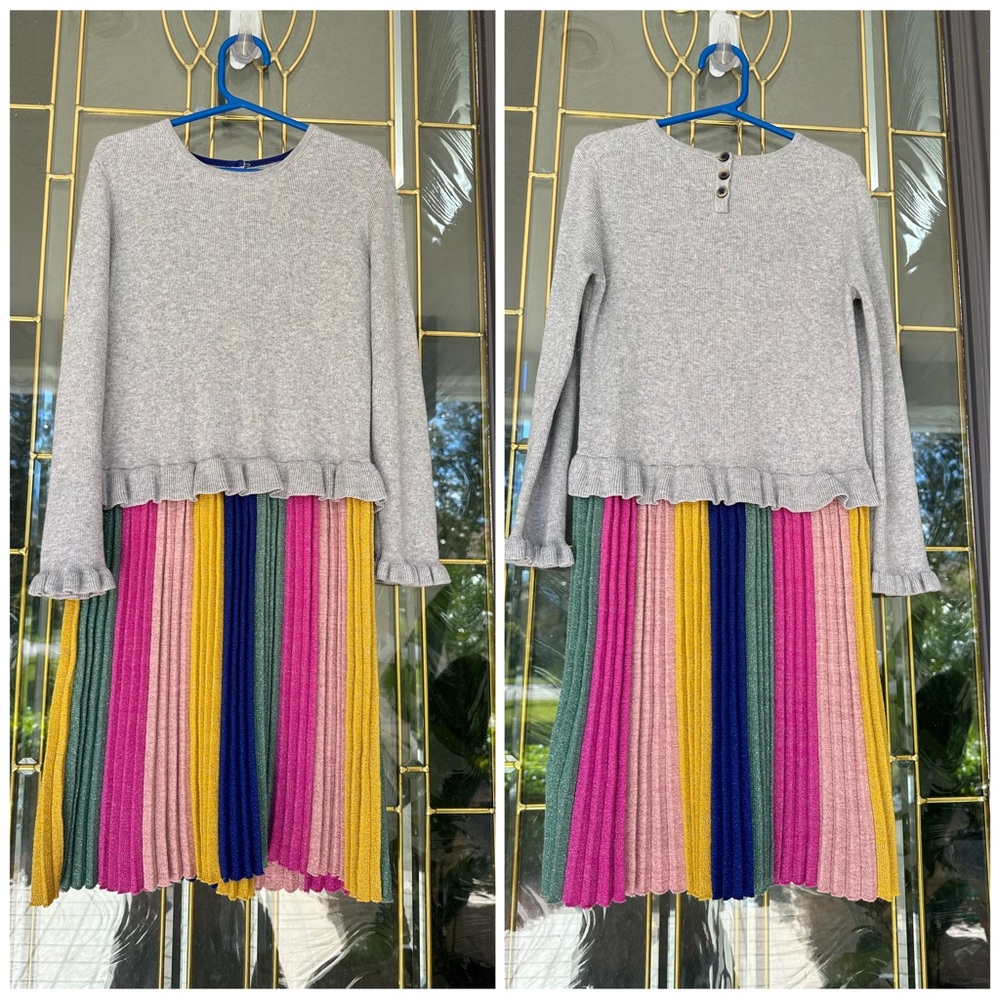 Mini Boden pleated rainbow sweater dress sz 8-9